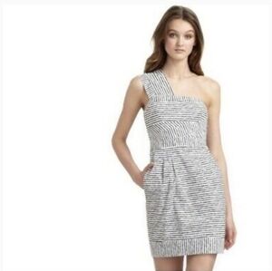 💠BCBGMAXAZRIA Estella Striped One Shoulder Pleated Dress w Pockets